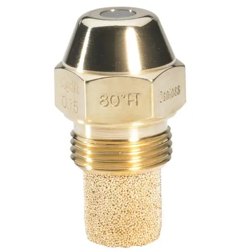 Goldfarbener Ölbrennerdüse mit strukturiertem Filterelement, ausgestattet mit Gewindeanschluss. Produkt von Danfoss.
